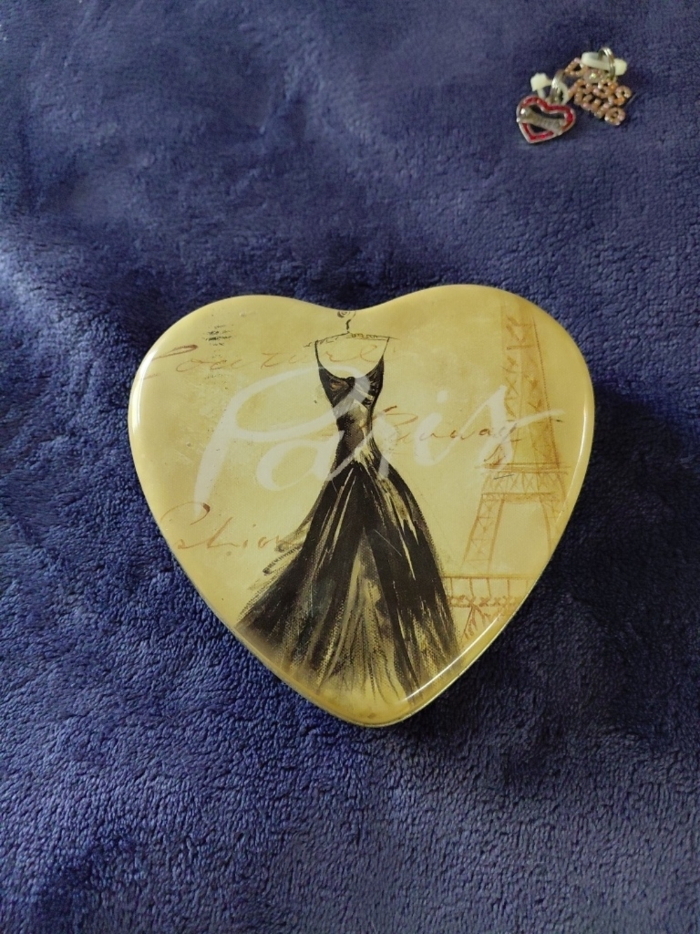 Heart-Shaped Metal Trinket Box Paris Runway with Black Dress Illustration